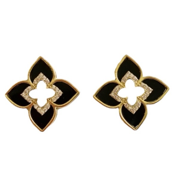Jewelry - Black Diamond Flower Elegant Gold Toned Stud Earrings
